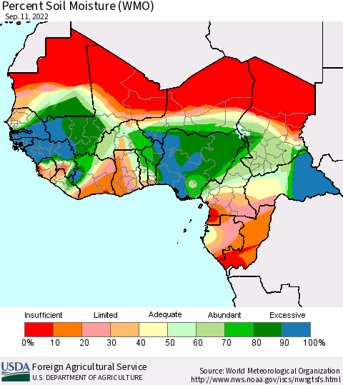 Western Africa Percent Soil Moisture (WMO) Thematic Map For 9/5/2022 - 9/11/2022