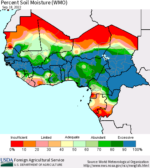 Western Africa Percent Soil Moisture (WMO) Thematic Map For 9/12/2022 - 9/18/2022