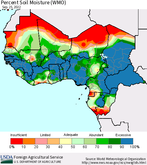 Western Africa Percent Soil Moisture (WMO) Thematic Map For 9/19/2022 - 9/25/2022