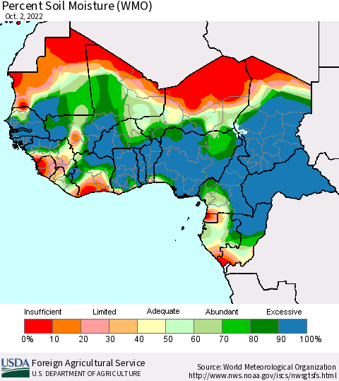 Western Africa Percent Soil Moisture (WMO) Thematic Map For 9/26/2022 - 10/2/2022