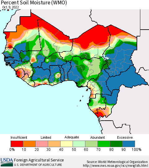 Western Africa Percent Soil Moisture (WMO) Thematic Map For 10/3/2022 - 10/9/2022