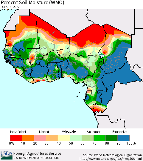 Western Africa Percent Soil Moisture (WMO) Thematic Map For 10/10/2022 - 10/16/2022