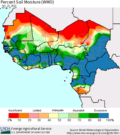 Western Africa Percent Soil Moisture (WMO) Thematic Map For 10/17/2022 - 10/23/2022
