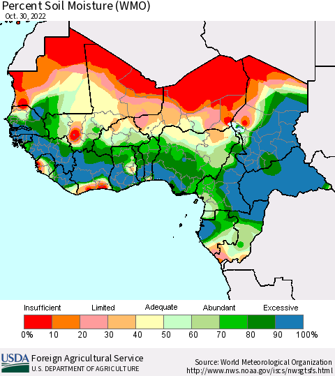 Western Africa Percent Soil Moisture (WMO) Thematic Map For 10/24/2022 - 10/30/2022