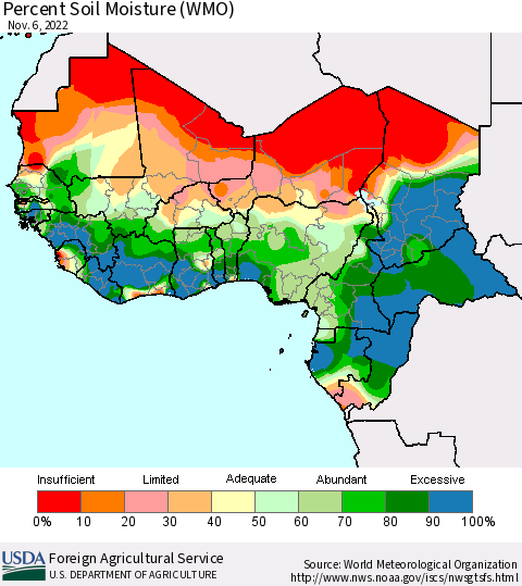 Western Africa Percent Soil Moisture (WMO) Thematic Map For 10/31/2022 - 11/6/2022