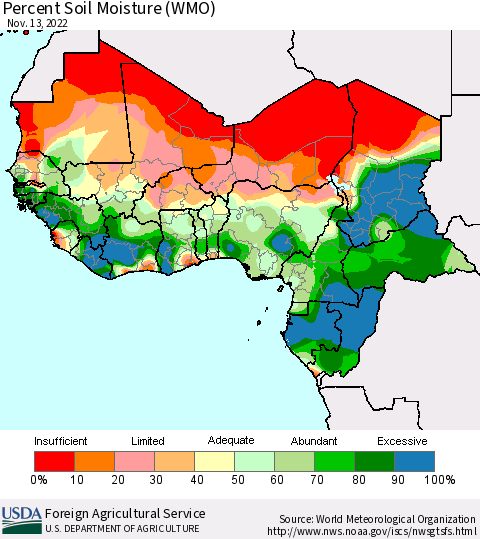 Western Africa Percent Soil Moisture (WMO) Thematic Map For 11/7/2022 - 11/13/2022