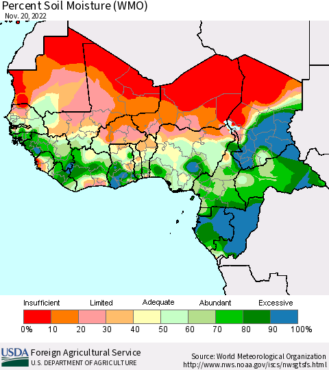 Western Africa Percent Soil Moisture (WMO) Thematic Map For 11/14/2022 - 11/20/2022