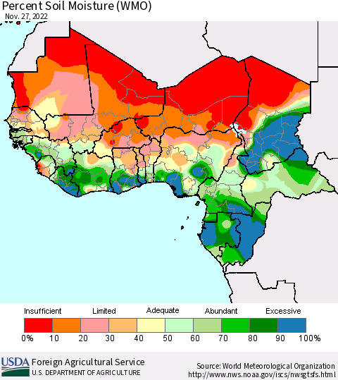 Western Africa Percent Soil Moisture (WMO) Thematic Map For 11/21/2022 - 11/27/2022