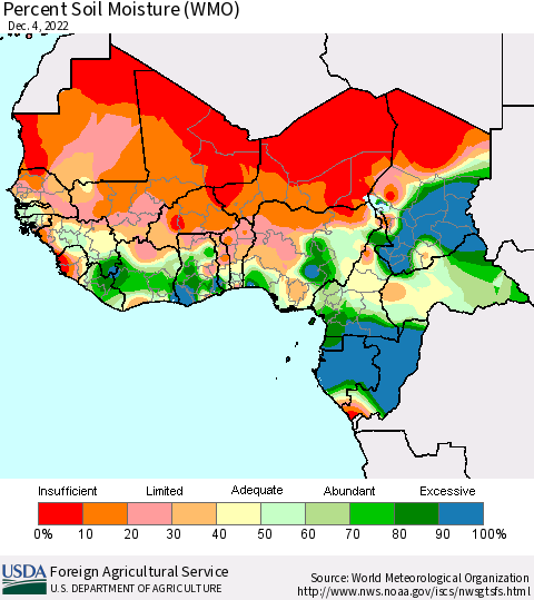 Western Africa Percent Soil Moisture (WMO) Thematic Map For 11/28/2022 - 12/4/2022