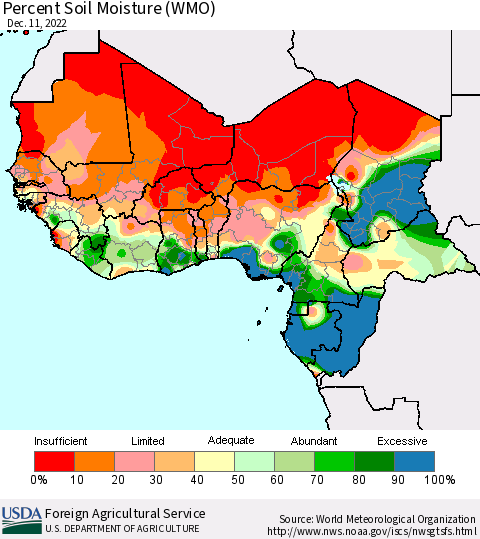 Western Africa Percent Soil Moisture (WMO) Thematic Map For 12/5/2022 - 12/11/2022