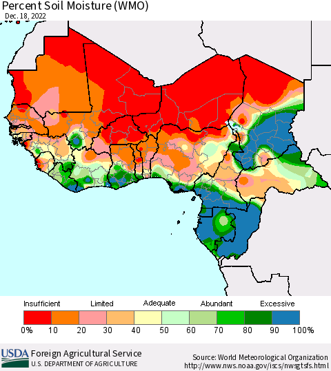 Western Africa Percent Soil Moisture (WMO) Thematic Map For 12/12/2022 - 12/18/2022