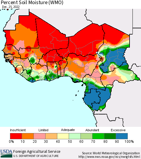 Western Africa Percent Soil Moisture (WMO) Thematic Map For 12/19/2022 - 12/25/2022