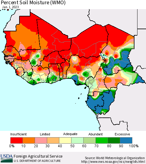 Western Africa Percent Soil Moisture (WMO) Thematic Map For 12/26/2022 - 1/1/2023