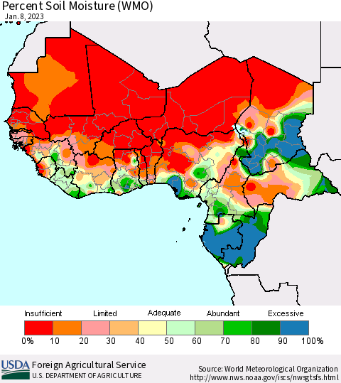 Western Africa Percent Soil Moisture (WMO) Thematic Map For 1/2/2023 - 1/8/2023