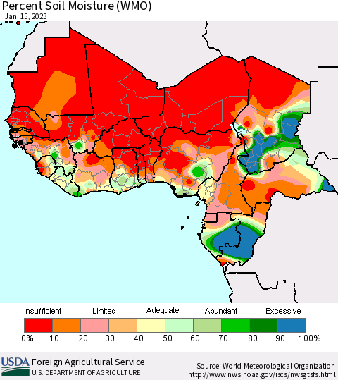 Western Africa Percent Soil Moisture (WMO) Thematic Map For 1/9/2023 - 1/15/2023