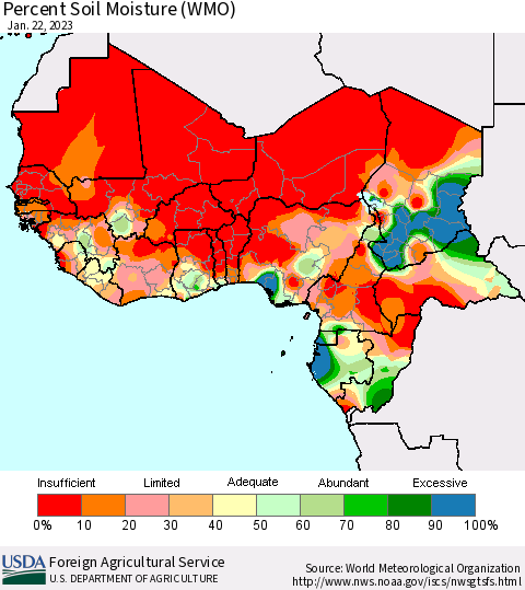 Western Africa Percent Soil Moisture (WMO) Thematic Map For 1/16/2023 - 1/22/2023