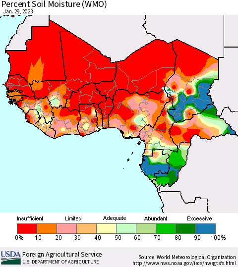 Western Africa Percent Soil Moisture (WMO) Thematic Map For 1/23/2023 - 1/29/2023