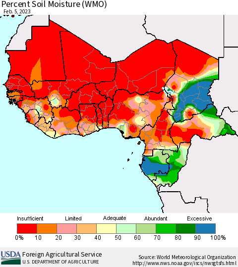 Western Africa Percent Soil Moisture (WMO) Thematic Map For 1/30/2023 - 2/5/2023