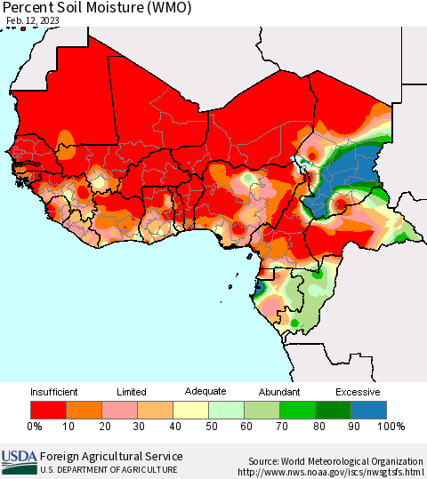 Western Africa Percent Soil Moisture (WMO) Thematic Map For 2/6/2023 - 2/12/2023