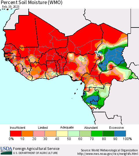 Western Africa Percent Soil Moisture (WMO) Thematic Map For 2/13/2023 - 2/19/2023