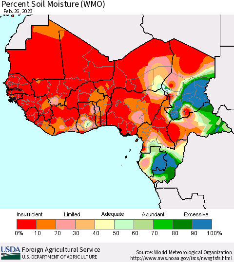 Western Africa Percent Soil Moisture (WMO) Thematic Map For 2/20/2023 - 2/26/2023