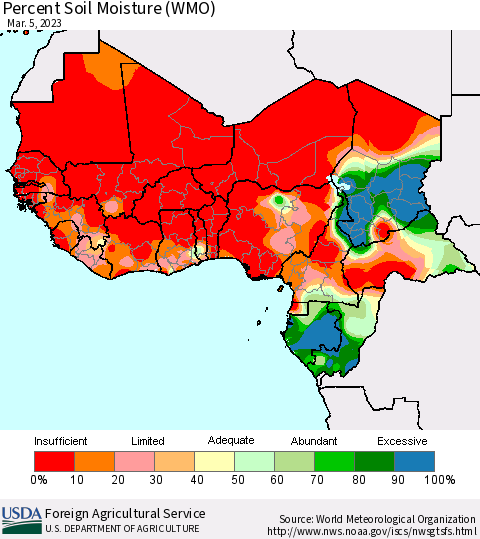 Western Africa Percent Soil Moisture (WMO) Thematic Map For 2/27/2023 - 3/5/2023