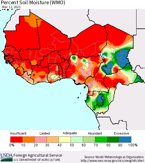 Western Africa Percent Soil Moisture (WMO) Thematic Map For 3/6/2023 - 3/12/2023
