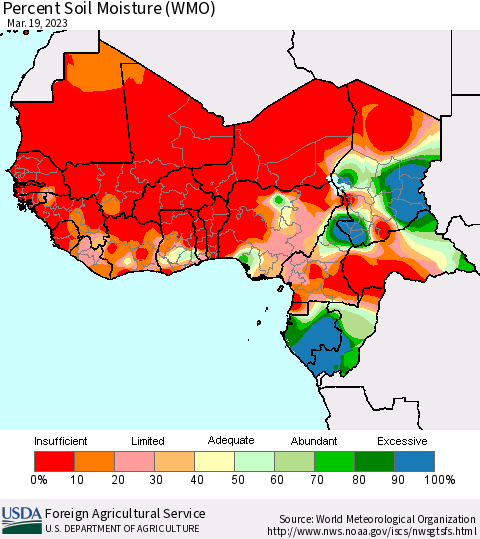 Western Africa Percent Soil Moisture (WMO) Thematic Map For 3/13/2023 - 3/19/2023