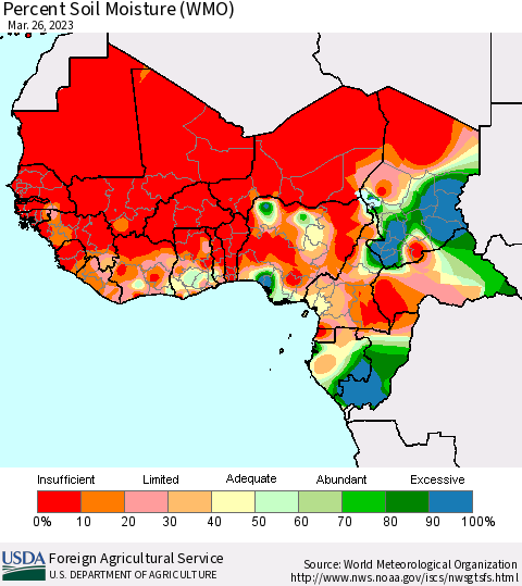 Western Africa Percent Soil Moisture (WMO) Thematic Map For 3/20/2023 - 3/26/2023