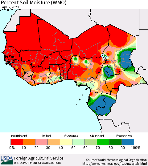 Western Africa Percent Soil Moisture (WMO) Thematic Map For 3/27/2023 - 4/2/2023