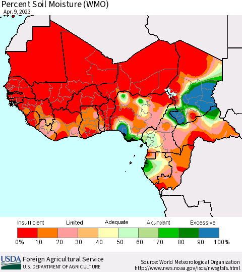 Western Africa Percent Soil Moisture (WMO) Thematic Map For 4/3/2023 - 4/9/2023