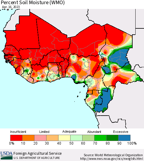 Western Africa Percent Soil Moisture (WMO) Thematic Map For 4/10/2023 - 4/16/2023