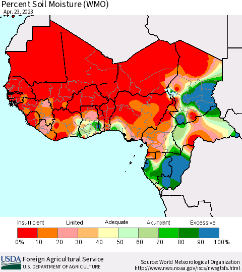 Western Africa Percent Soil Moisture (WMO) Thematic Map For 4/17/2023 - 4/23/2023
