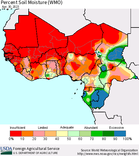 Western Africa Percent Soil Moisture (WMO) Thematic Map For 4/24/2023 - 4/30/2023