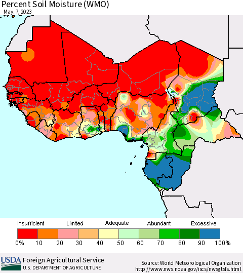 Western Africa Percent Soil Moisture (WMO) Thematic Map For 5/1/2023 - 5/7/2023