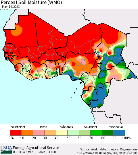 Western Africa Percent Soil Moisture (WMO) Thematic Map For 5/8/2023 - 5/14/2023