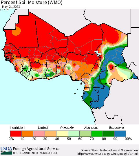Western Africa Percent Soil Moisture (WMO) Thematic Map For 5/15/2023 - 5/21/2023