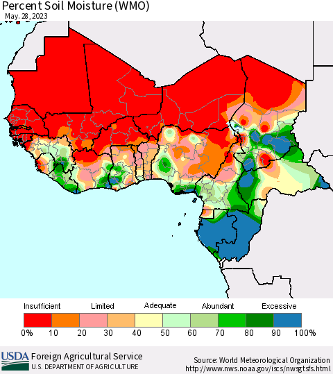 Western Africa Percent Soil Moisture (WMO) Thematic Map For 5/22/2023 - 5/28/2023