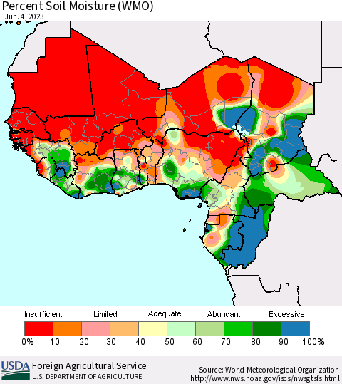 Western Africa Percent Soil Moisture (WMO) Thematic Map For 5/29/2023 - 6/4/2023