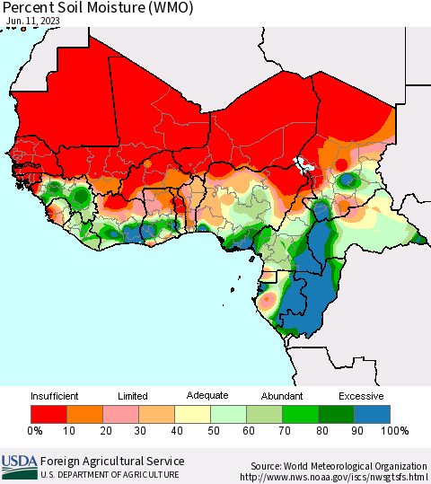 Western Africa Percent Soil Moisture (WMO) Thematic Map For 6/5/2023 - 6/11/2023