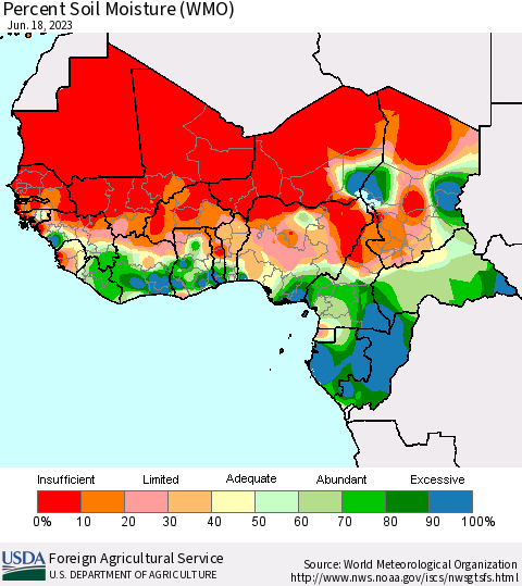Western Africa Percent Soil Moisture (WMO) Thematic Map For 6/12/2023 - 6/18/2023