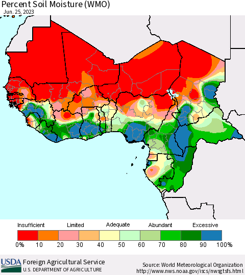 Western Africa Percent Soil Moisture (WMO) Thematic Map For 6/19/2023 - 6/25/2023