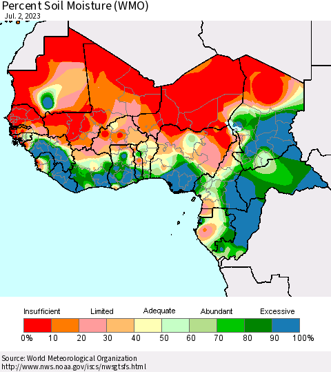 Western Africa Percent Soil Moisture (WMO) Thematic Map For 6/26/2023 - 7/2/2023