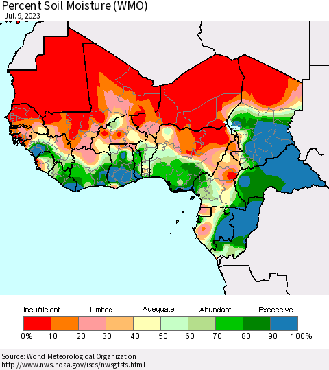 Western Africa Percent Soil Moisture (WMO) Thematic Map For 7/3/2023 - 7/9/2023