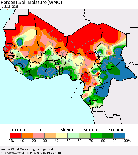 Western Africa Percent Soil Moisture (WMO) Thematic Map For 7/10/2023 - 7/16/2023