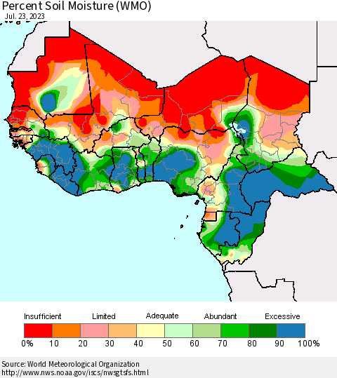 Western Africa Percent Soil Moisture (WMO) Thematic Map For 7/17/2023 - 7/23/2023