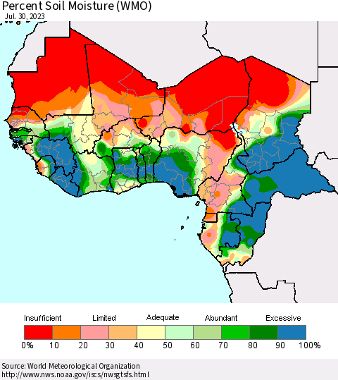 Western Africa Percent Soil Moisture (WMO) Thematic Map For 7/24/2023 - 7/30/2023