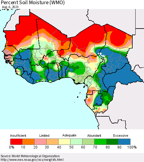 Western Africa Percent Soil Moisture (WMO) Thematic Map For 7/31/2023 - 8/6/2023
