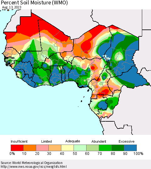 Western Africa Percent Soil Moisture (WMO) Thematic Map For 8/7/2023 - 8/13/2023