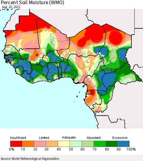 Western Africa Percent Soil Moisture (WMO) Thematic Map For 8/14/2023 - 8/20/2023